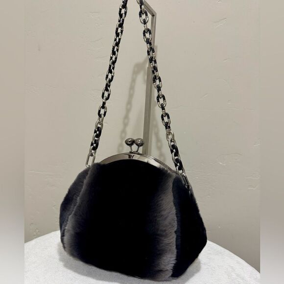 Black Gradient Handmade Real Rex Rabbit Fur Kiss-lock Shoulder Bag/Crossbody - Picture 3 of 14